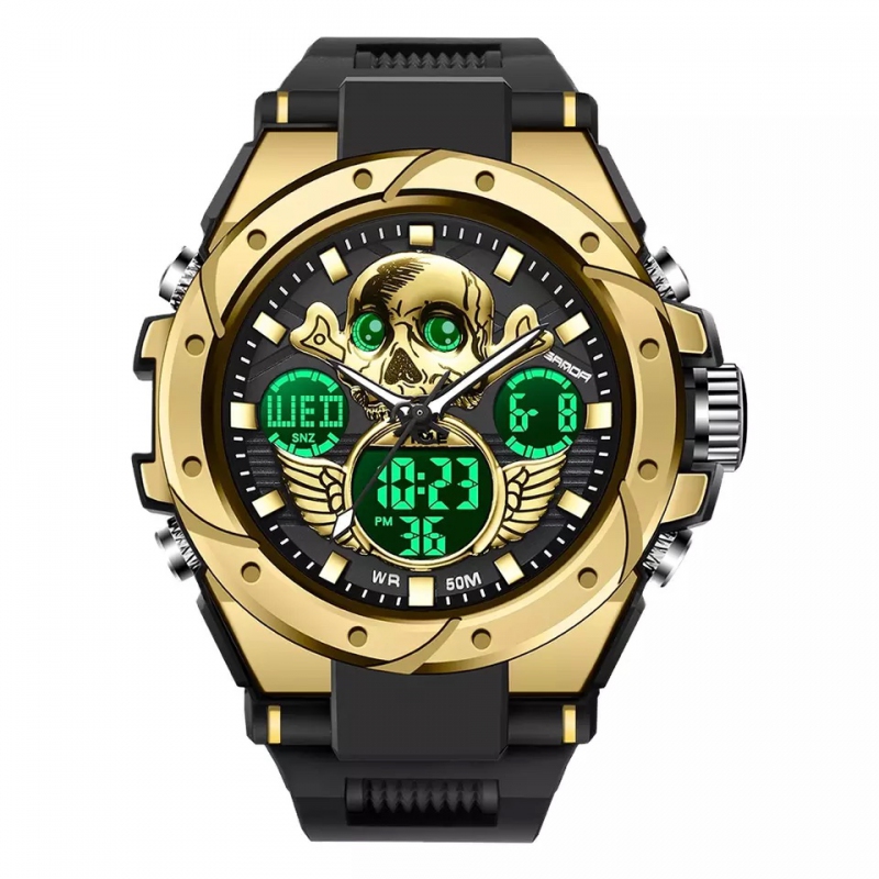 Pánské hodinky se zlatou lebkou Sanda 6087 + dárek Stylus pro kapacitní displeje zdarma