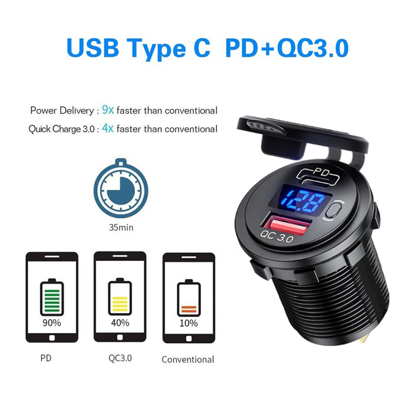 USB nabíječka QC3.0 + USB-C digitální voltmetr do panelu - modrá + dárek Stylus pro kapacitní displeje zdarma