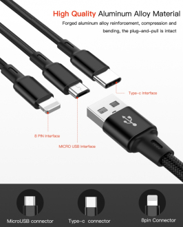 3v1 nylonový kabel USB micro, C, Lightning