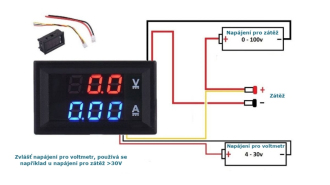 Panelový digitální voltmetr + ampérmetr 100V 10A DC