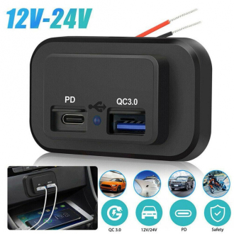 USB nabíječka 12V / 24V - USB QC3.0 + USB-C PD pro povrchovou montáž /  modré podsvícení 