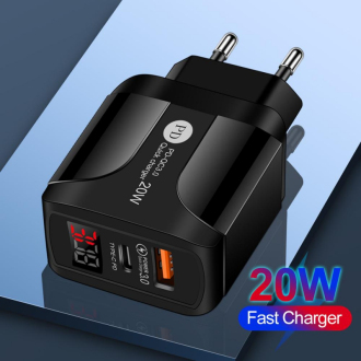 Rychlo-nabíječka LED displej USB QC3.0 + USB-C PD, 20W