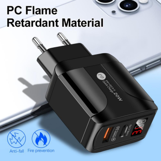 Rychlo-nabíječka LED displej USB QC3.0 + USB-C PD, 20W