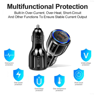 Auto-nabíječka rychlo-nabíječka USB QC3.0 + USB-C PD
