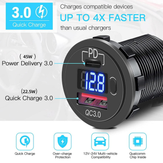 USB nabíječka QC3.0 + USB-C digitální voltmetr do panelu