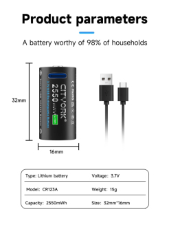 Dobíjecí baterie Li-ion CR123A 4 kusy USB-C + nabíjecí kabel
