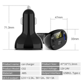 USB-C auto-nabíječka voltmetr s rychlo-nabíjením QC 3.0