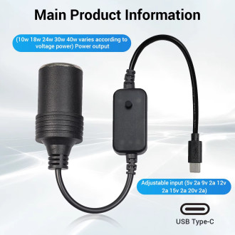 USB-C Port 5V na 9V 12V 15V 20V konvertor do autozapalovače