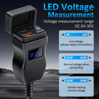 USB-C nabíječka na motorku, vypínač, voltmetr, rychlé nabíjení