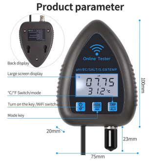 Tuya WiFi inteligentní tester kvality vody 5v1 – pH, EC, S.G., sůl, teplota