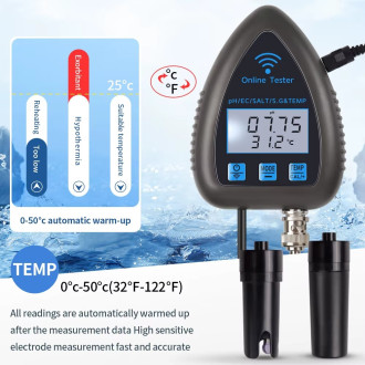 Tuya WiFi inteligentní tester kvality vody 5v1 – pH, EC, S.G., sůl, teplota