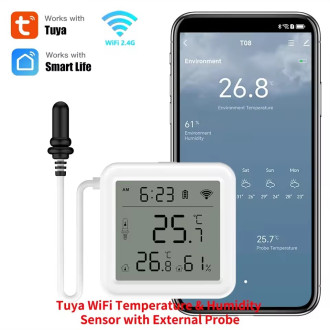 LCD Tuya WIFI senzor teploty a vlhkosti s externím čidlem do akvária T08